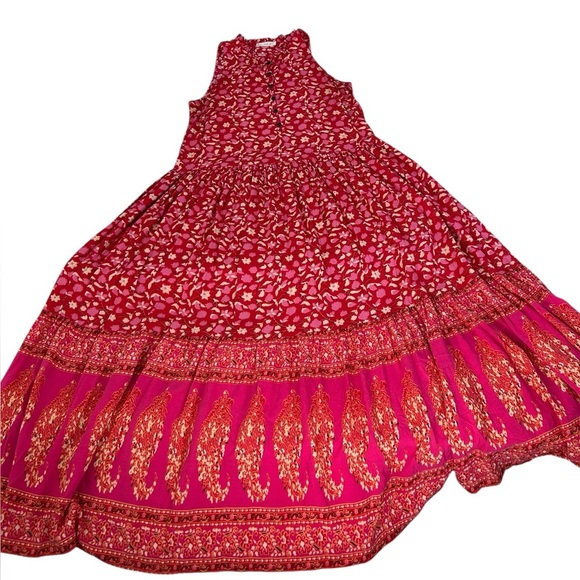 R. Vivimos Red Floral Sleeveless Maxi Dress Flowy Boho Ruffle Cottage SZ Large - Picture 5 of 14